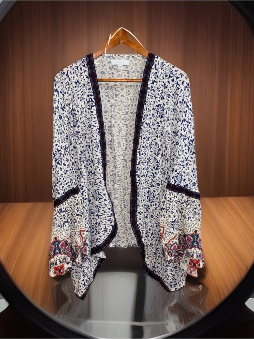 new directions Women’s White & Navy Floral Open-Front Cardigan w/Multicolor Hem